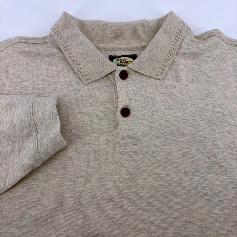 Tommy Bahama Mens XL Long Sleeve Polo Shirt Oatmeal Heather 100% Cotton Jersey